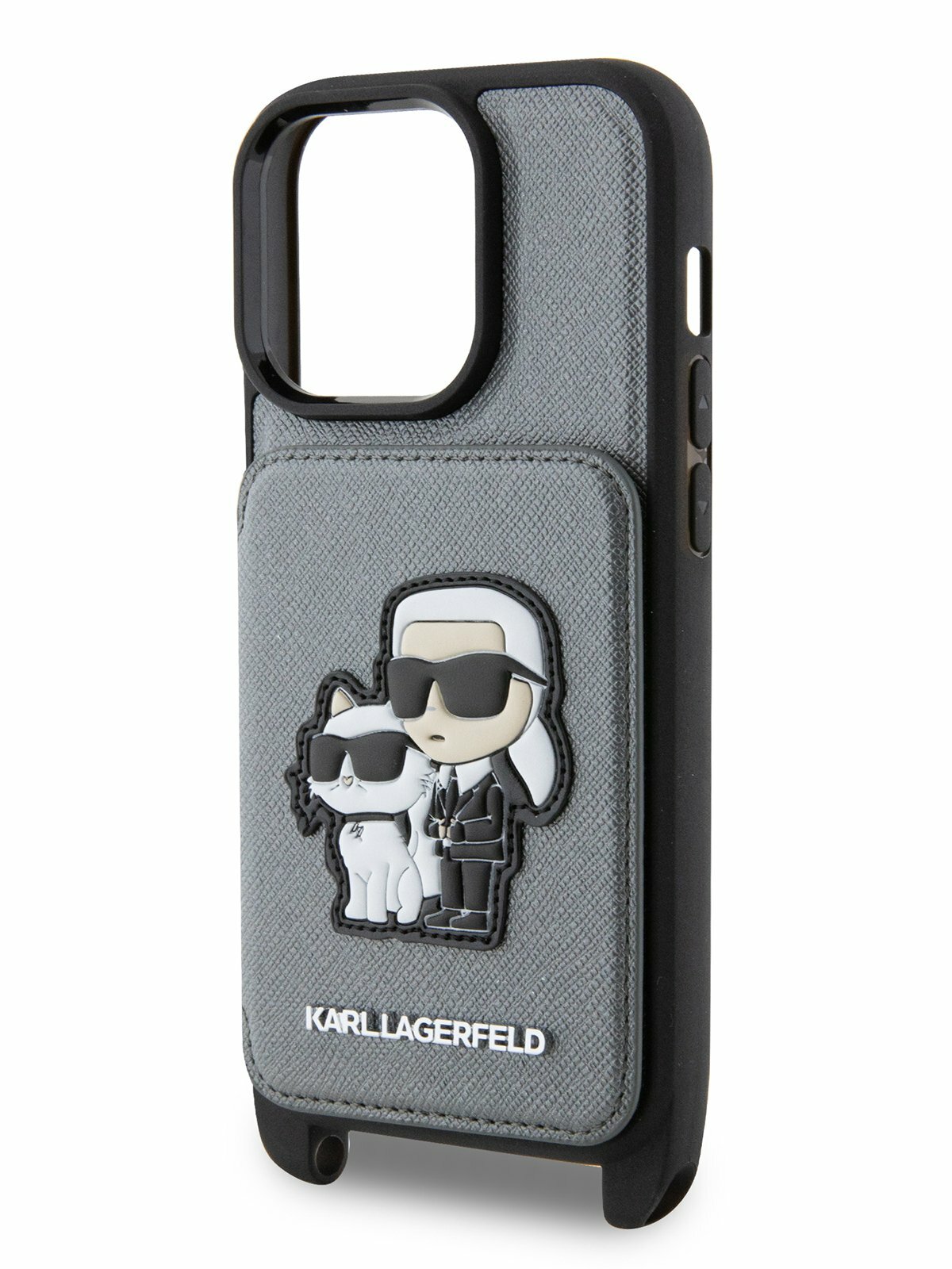 Karl Lagerfeld чехол кроссбоди с картхолдером для iPhone 15 Pro, PU-кожа Saffiano NFT Karl&Choupette Hard Silver