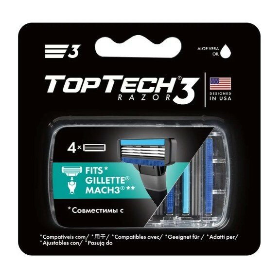 Набор из 3 штук Сменные кассеты мужские TopTech Razor3 4шт совместимы с Gillette Mach3