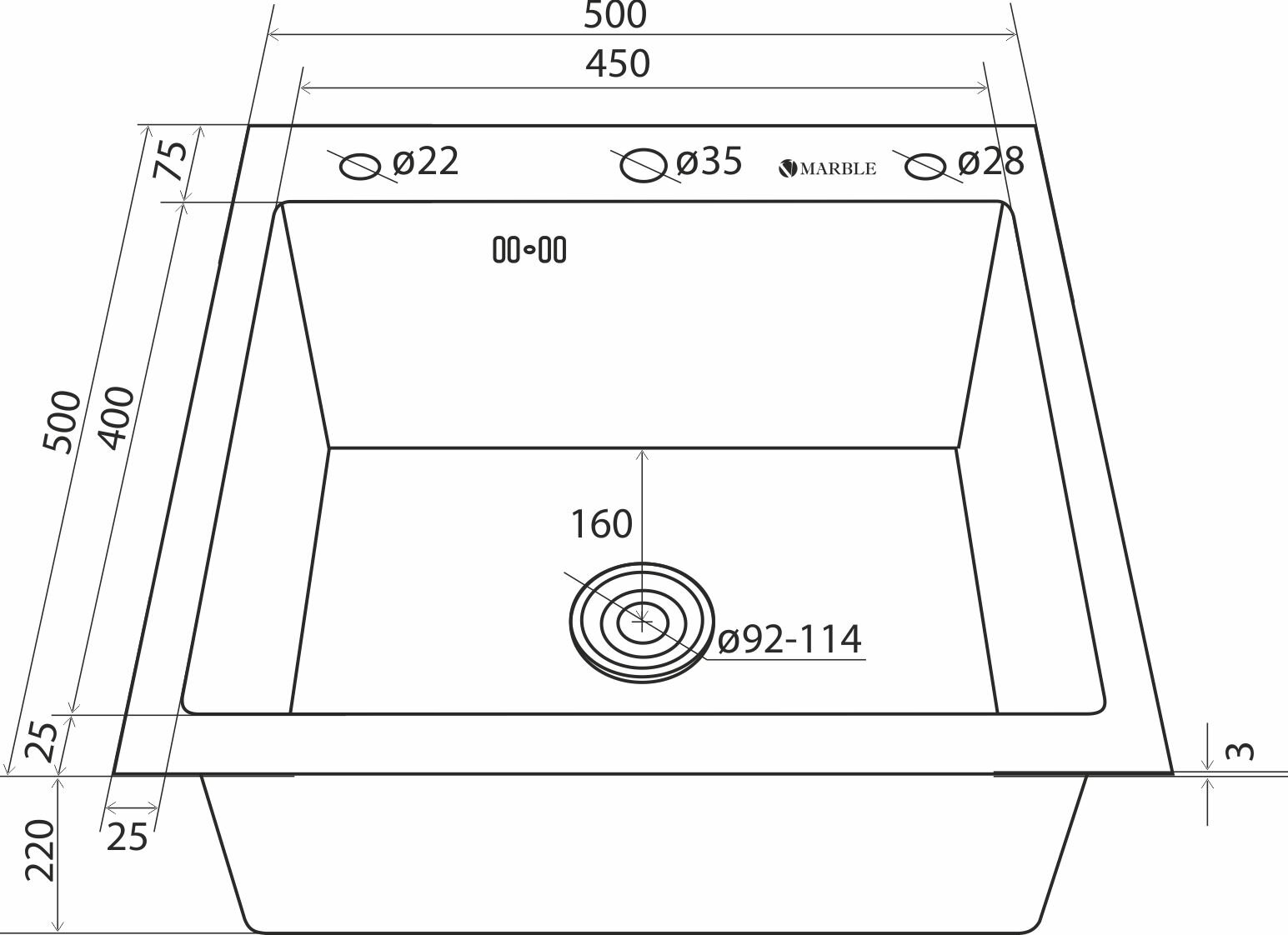 Кухонная мойка из нержавеющей стали Marble VM500*500B с PVD покрытием