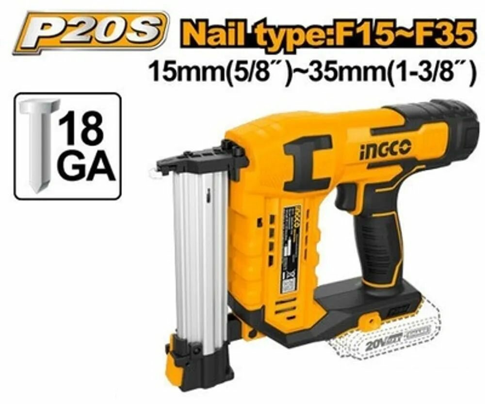 Нейлер аккумуляторный F15-F35 20 В INGCO CBNLI3505 INDUSTRIAL (без АКБ и ЗУ)