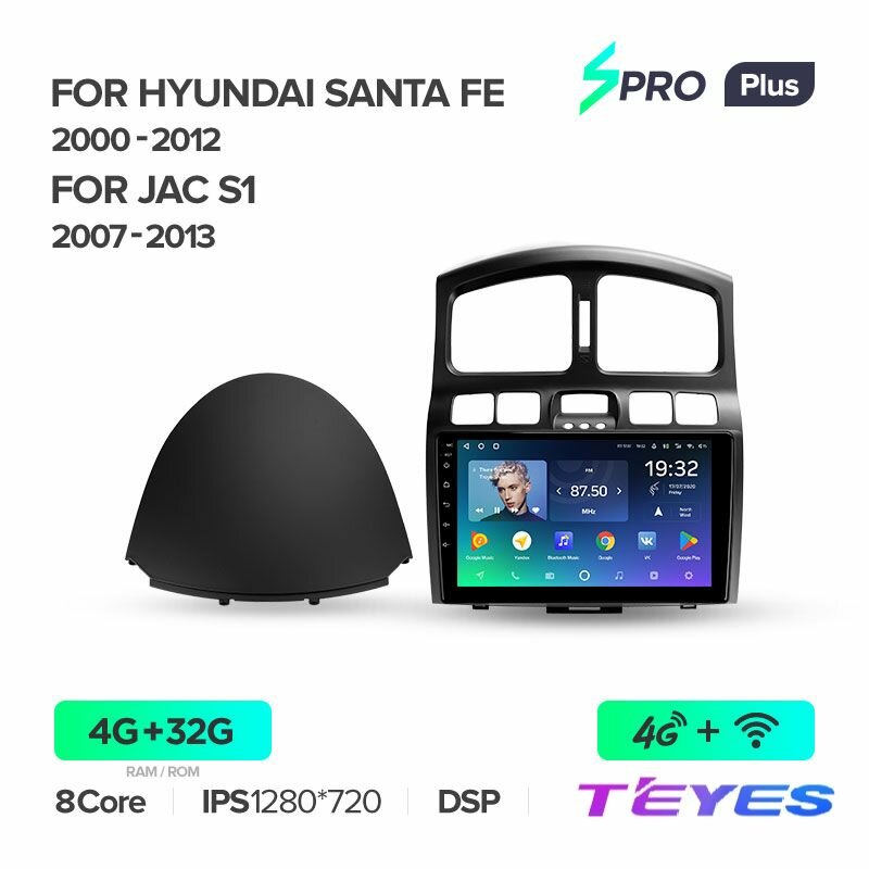 Магнитола Teyes SPRO+ 4/32GB Тиайс для Hyundai Santa Fe SM 2000-2012, штатная магнитола, 8-ми ядерный процессор, IPS экран, DSP, 4G, Wi-Fi, 2 DIN