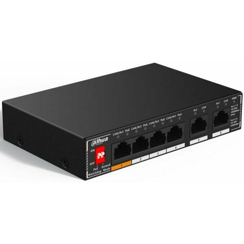 DAHUA DH-SG1006P 6-портовый гигабитный неуправляемый коммутатор c PoE 4xRJ45 1Gb PoE 2xRJ45 1Gb uplink суммарно 60Вт коммутация 14 Гбитс MAC-таб 4149₽
