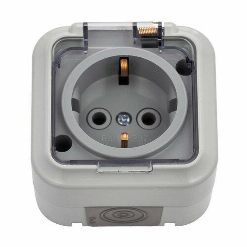 Розетка Bylectrica 1-местная ОУ с заз. конт. IP54, с прозрачной крышкой, серия пралеска аква, серый РА16-297 (02)