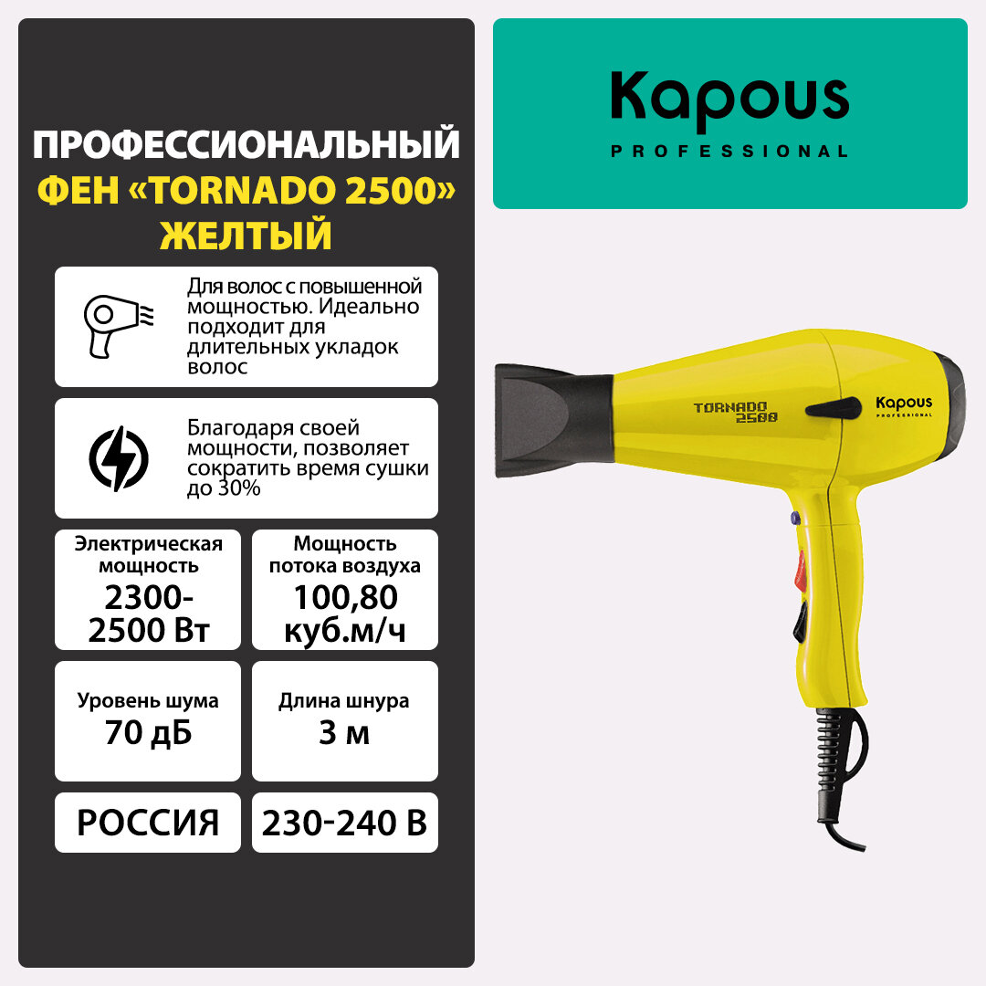 Профессиональный фен Kapous "Tornado 2500", желтый