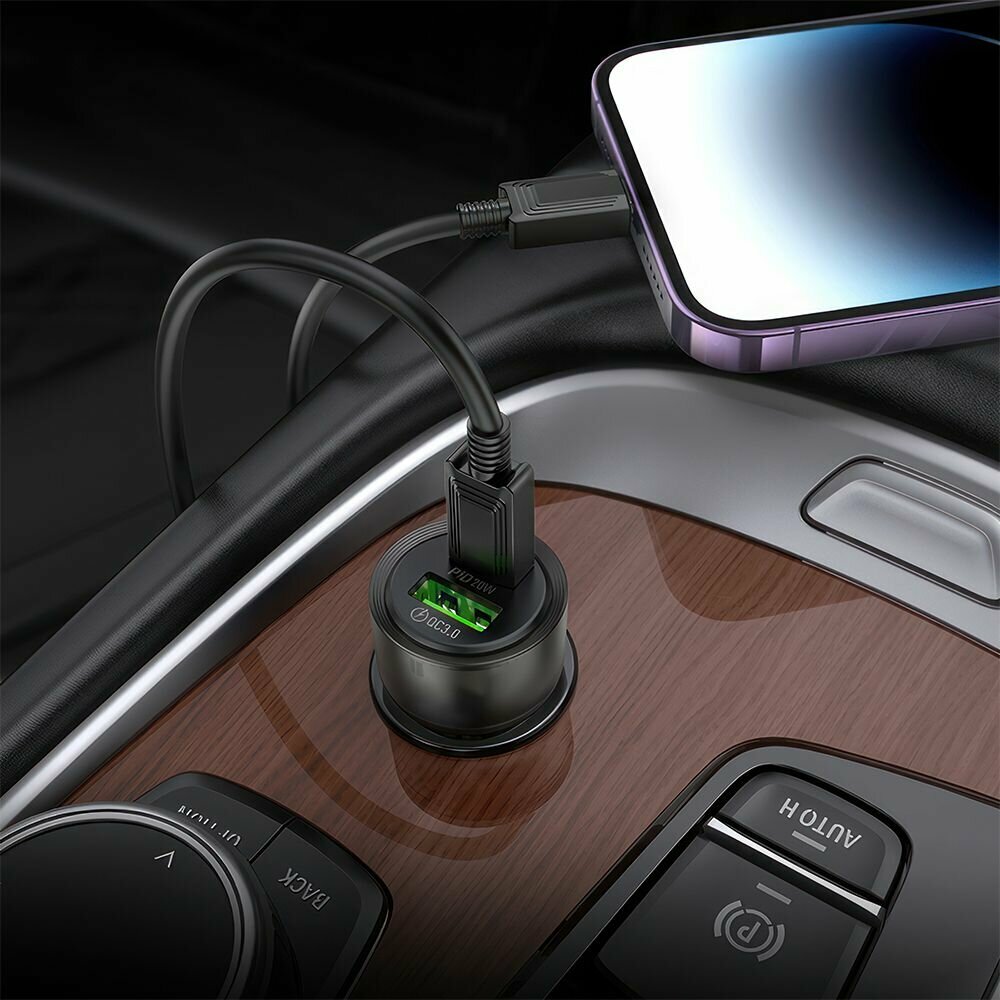 АЗУ HOCO Z52 Spacious 1xUSB, 1xUSB-C, 3А, 38W, PD20W, QC3.0 (прозрачный черный) — фото 1
