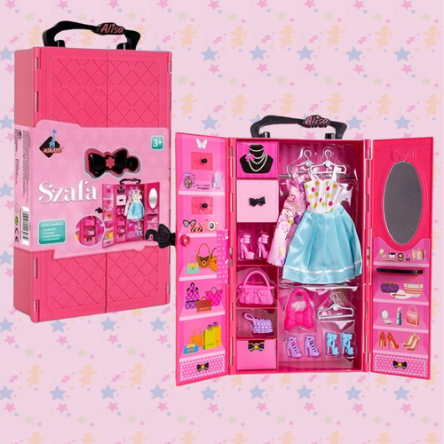 Одежда для кукол Модный розовый шкаф с одеждой, обувью и сумками для кукол 30 см