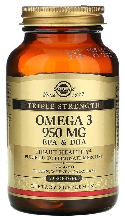 Solgar, Omega-3, EPA & DHA, Triple Strength, 950 mg, омега-3, ЭПК и ДГК, тройной концентрации, 950 мг, 50 капсул — фото 1