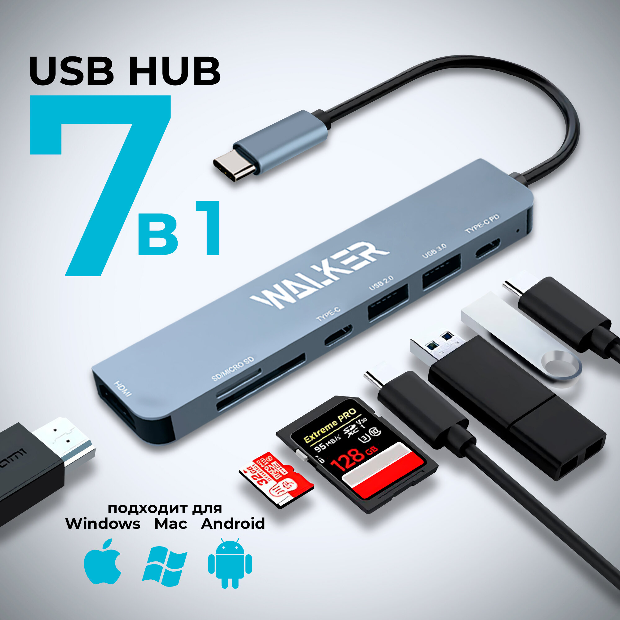 Разветвитель USB HUB, 100Вт, 7в1,...