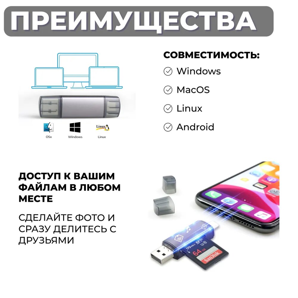 Картридер micro SD USB Type-C, переходник для карт памяти Micro SD / SD для компьютера, ноутбука — фото 1