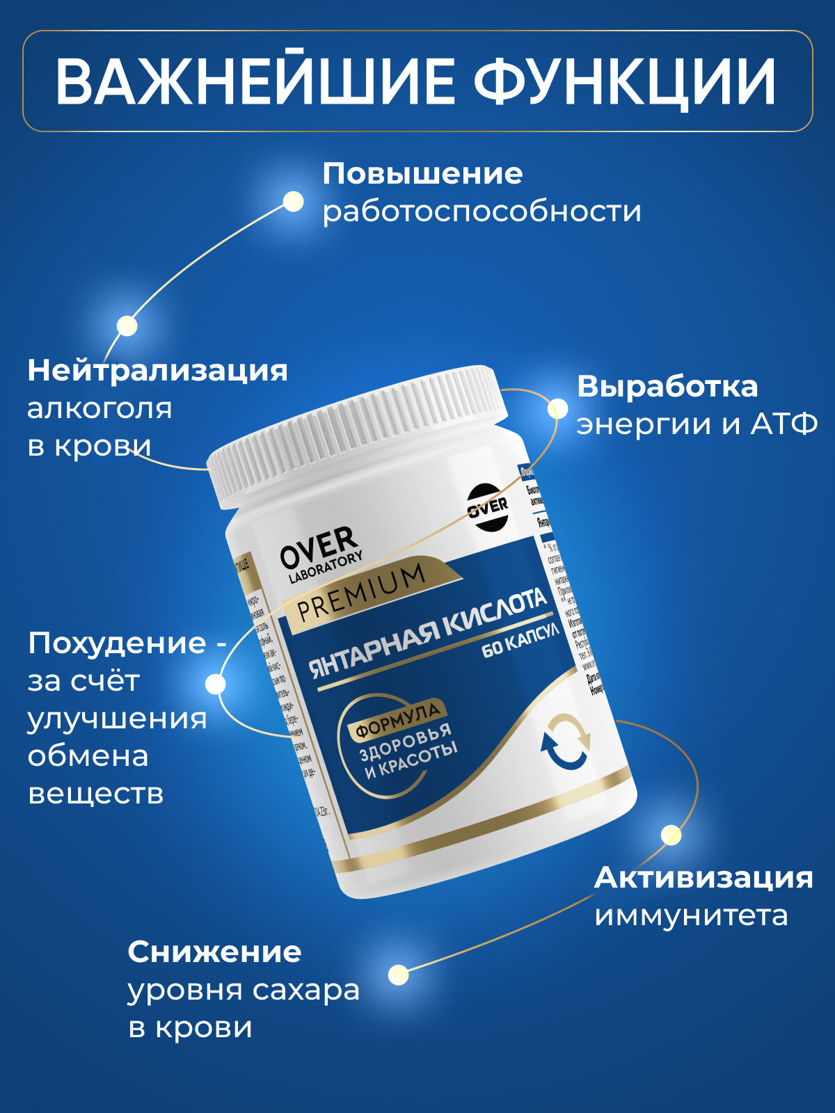 Картинки Янтарная кислота, для укрепления иммунитета, от похмелья, бад для нервной системы, для похудения (детокс), 60 капс