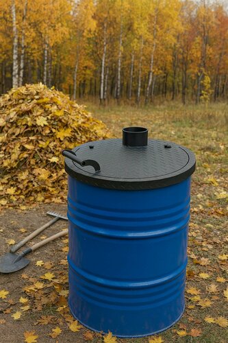 Изображение товара Крышка на бочку для сжигания мусора диаметр 61 см, ручка смещена в бок, сталь 3 мм