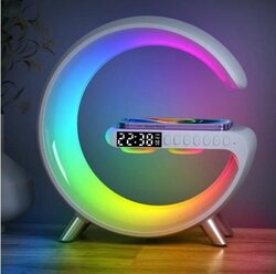 Умный светильник 5в1, Беспроводное зарядное устройство, светодиодная настольная лампа ночник RGB 15 Вт, умная Bluetooth-колонка с будильником,Белый