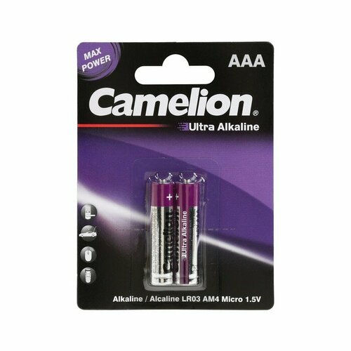 Батарейка алкалиновая Camelion Ultra, ААА, LR03-2BL, блистер, 2 шт. duracell батарейка алкалиновая aaa lr03 mn2400 basic 1 5v блистер 2 шт