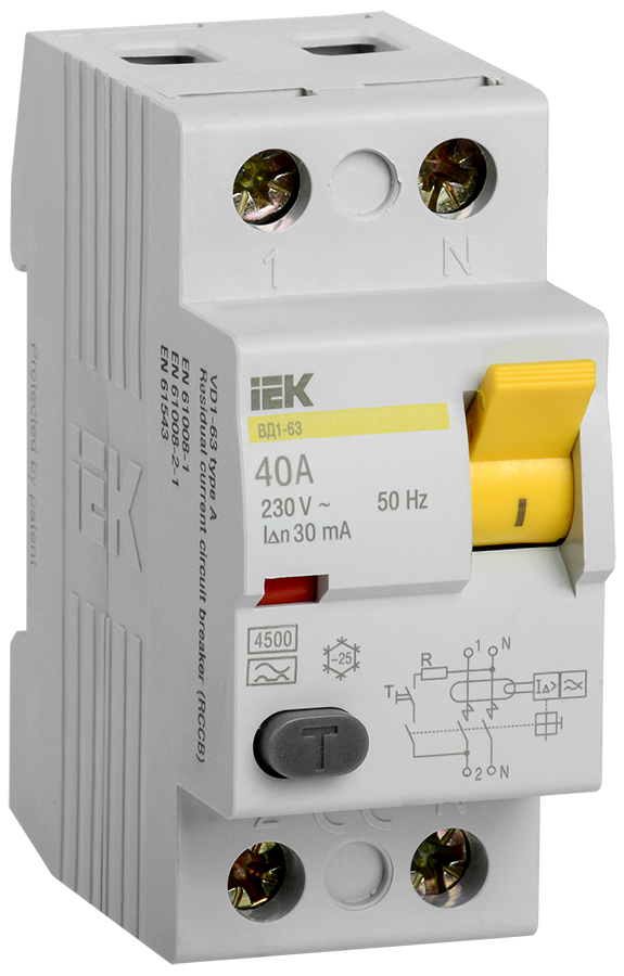 IEK Выключатель дифференциальный ВД1-63 (УЗО) 2Р 40А 30мА MDV10-2-040-030