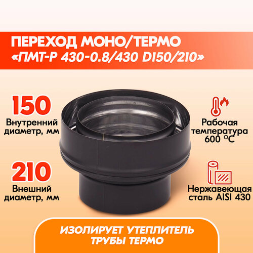 Переход Моно/Термо ПМТ-Р 430-0.8/430 D150/210 Черный (RAL 9005) эмаль Т до 600С* дефлектор дм р 430 0 5 d115 черный ral 9005 эмаль т до 600с