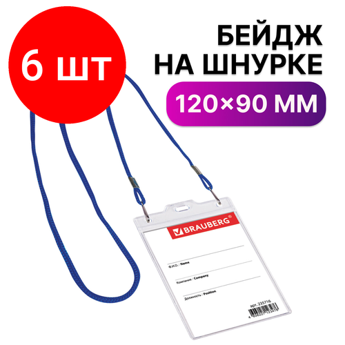 Комплект 6 шт, Бейдж вертикальный большой (120х90 мм), на синем шнурке 45 см, 2 карабина, BRAUBERG, 235716