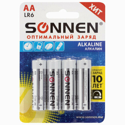 Батарейка SONNEN Alkaline, АА, LR6, 15А, комплект 4 шт, алкалиновые, блистер, 1 упаковка