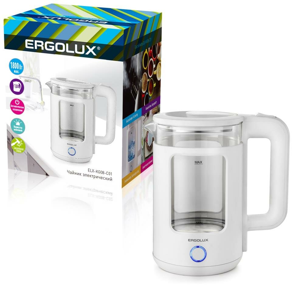 Чайник электрический elx-kg08-c01 стекло/пластик 1.8л 220-240в 1800вт бел. ergolux 15334