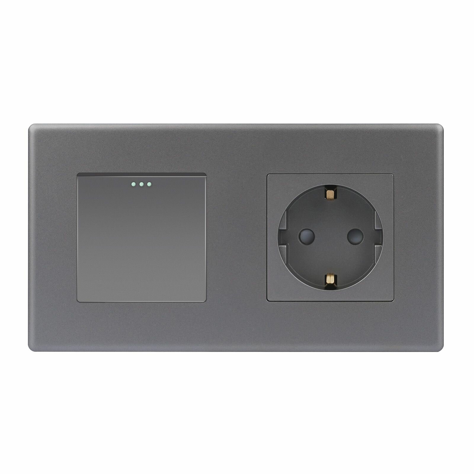 фото Выключатель механический с розеткой, 1 клавиша 1 розетка, 2 поста (M1+1F), рамка пластик 157х86мм, цвет серый