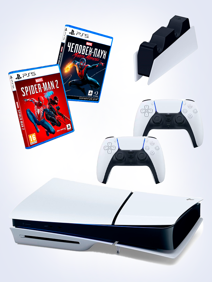 PS5 (ПС5) Игровая приставка Sony PlayStation 5 Slim disc + зарядное + игра Spider-Man2 + игра Marvel Человек паук