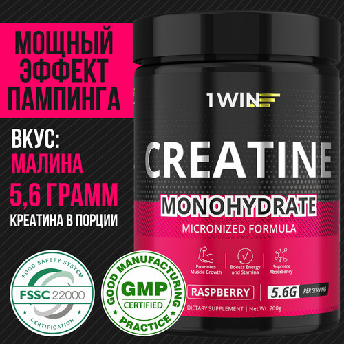 Креатин моногидрат порошок 1WIN, Creatine Monohydrate, Вкус Малина, 30 порций, спортивное питание для набора массы тела