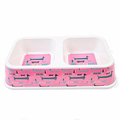 Миска двойная, 33×18.5×7 см, 670+670 мл, розовый