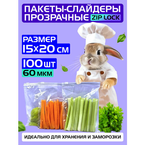 Пакеты слайдеры прозрачные с Zip lock бегунком 15х20 см для хранения и заморозки, 60 мкм. Комплект 100 штук.