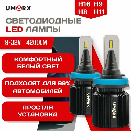 Автомобильные светодиодные лампы H11 UmarX X4, H8 led H11, 6000K, без вентилятора для линзованных и противотуманных фар
