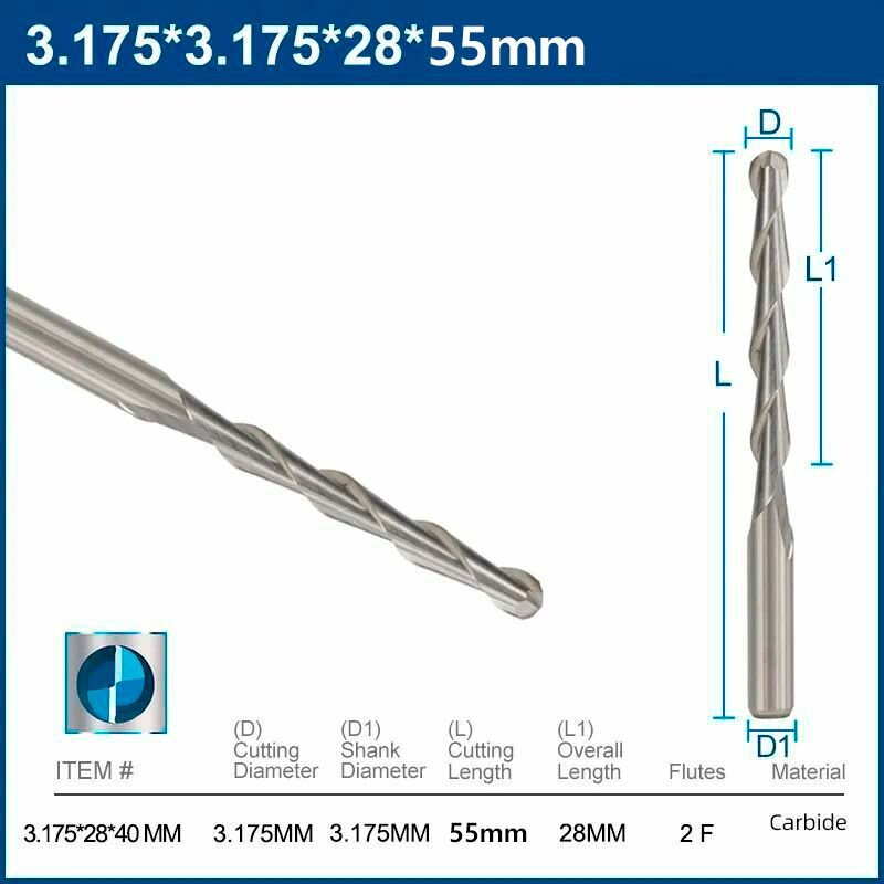 Фреза двухзаходная сферическая XCAN 3,175х3,175х28х55 мм