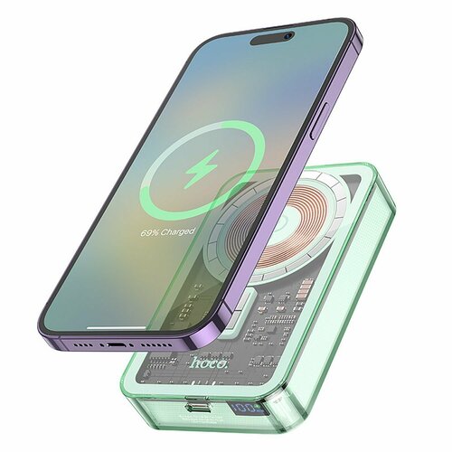 Магнитный аккумулятор с беспроводной зарядкой HOCO Q14A Ice Crystal, 10000 mAh, Qi 15W/PD 20W, Зеленый+Прозрачный