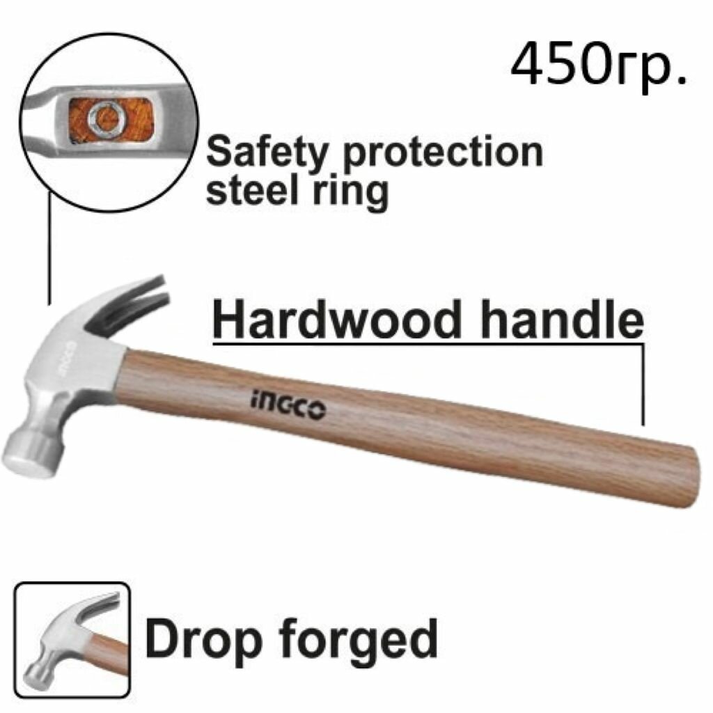 фото Молоток-гвоздодер деревянная ручка INGCO 450 гр
