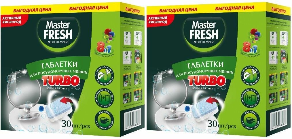 Master Fresh Таблетки для посудомоечной машины Turbo в нерастворимой оболочке, 8в1 30 шт, 2 уп