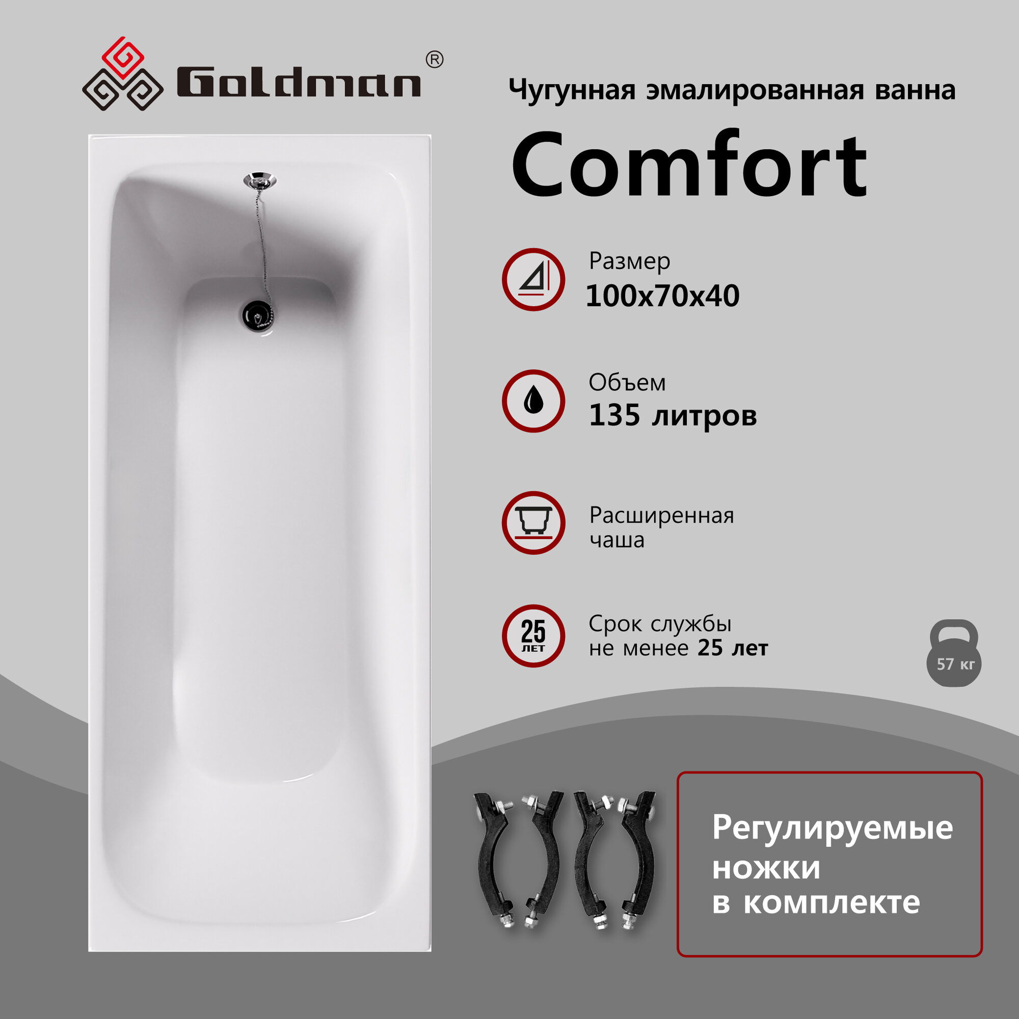 Чугунная ванна Goldman Comfort 100x70x40