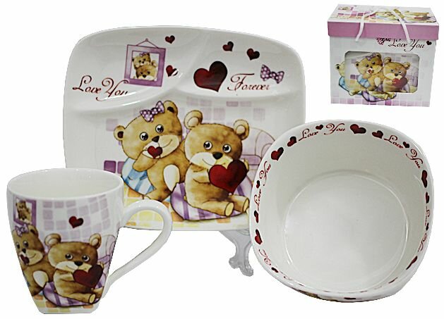 фото Детский набор посуды. Lenardi. Форма "Подарочная", рисунок "Влюблённые мишки". 3 предмета. Подарочная упаковка.