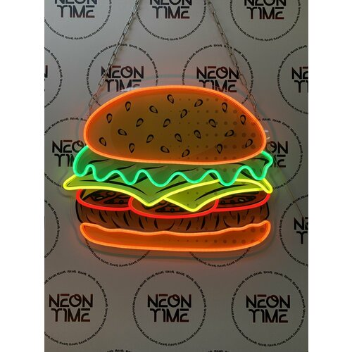 Неоновая вывеска бургер светодиодная картина на окно, 50х40см.