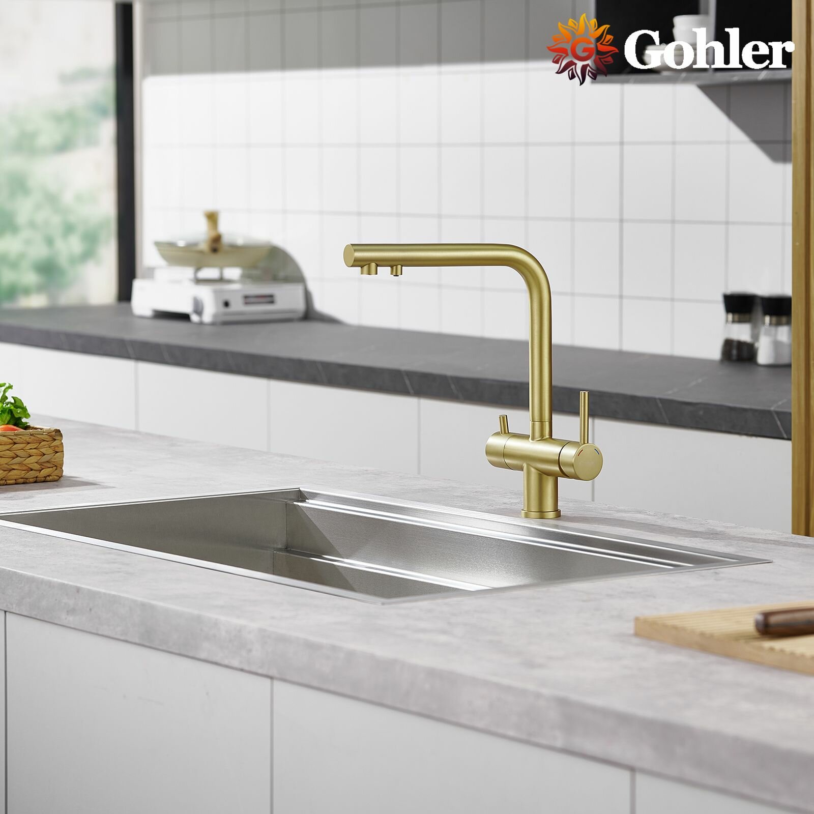 Смеситель для кухни с краном под фильтр для питьевой воды Gohler G4213G золото