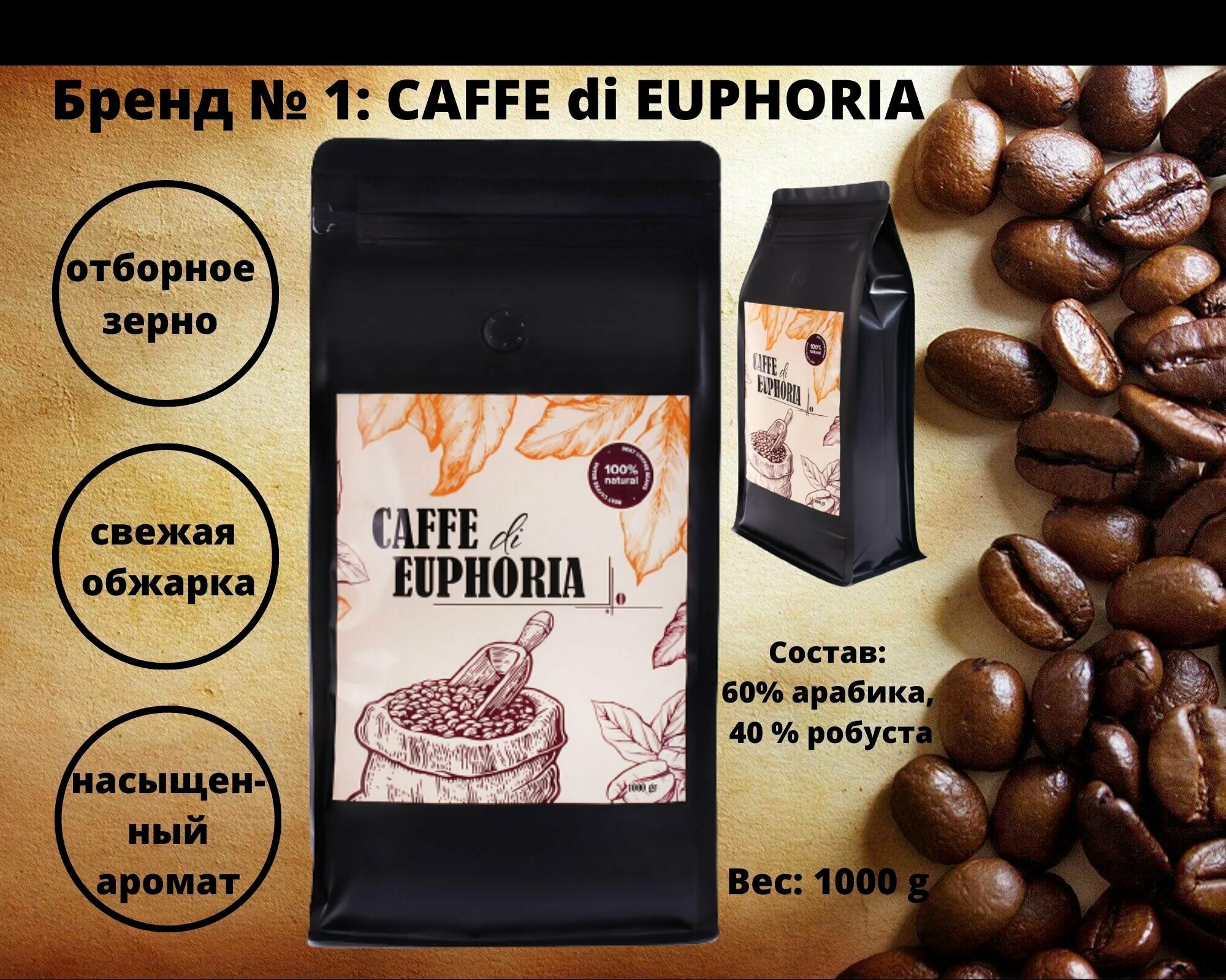 CAFFE di EUPHORIA кофе в зернах эспрессо 1 кг 60% арабика 40%, робуста