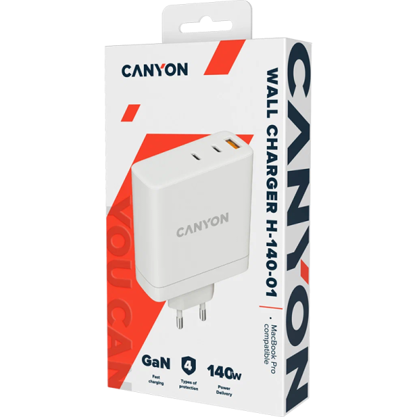 Сетевой адаптер Canyon CND-CHA140W01 с QC3.0 30W + PD GAN 140W, white - фото №4