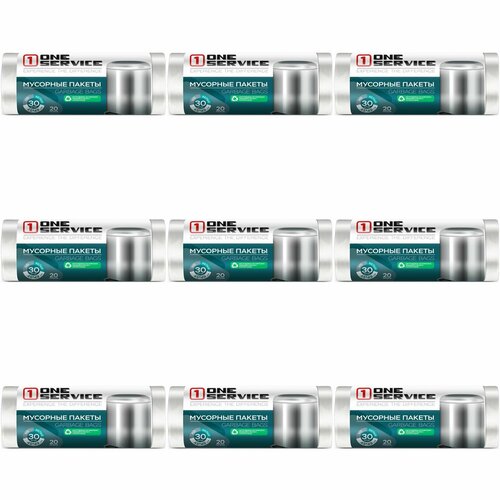 One service Мешки, пакеты для мусора, ONE service,45х49 см, 20 л, 30 штук, белые, 9 упаковок