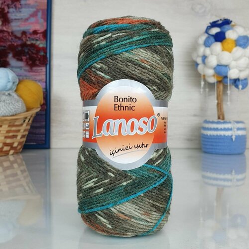 Пряжа Bonito ethnic Lanoso, бирюз/рыжий - 1201, 49% шерсть, 51% акрил, 5 мотков, 100 г, 300 м.