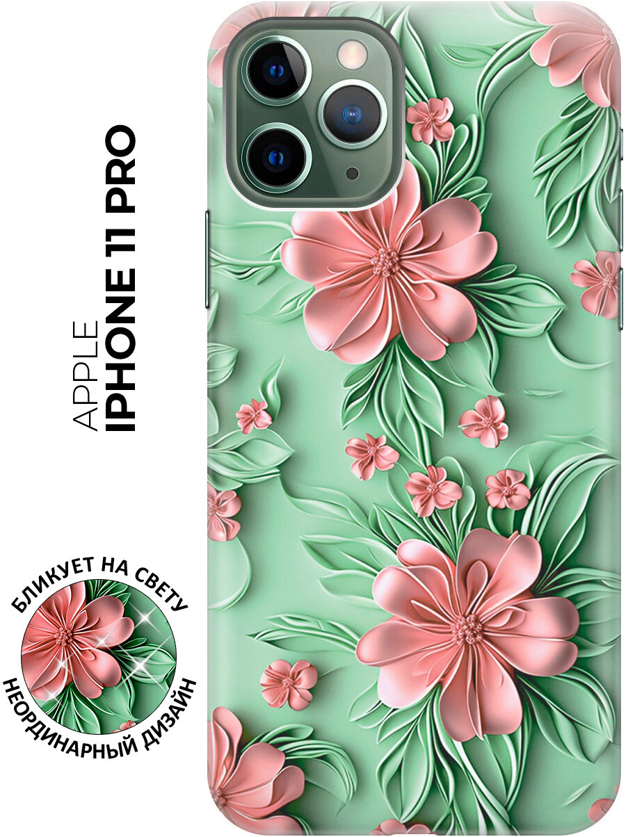 Силиконовый чехол на Apple iPhone 11 Pro с принтом "Розовые цветы на мятном фоне"