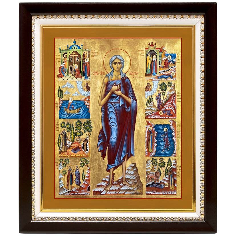 Преподобная Мария Египетская с житием, икона в деревянном киоте 22*25,5 см