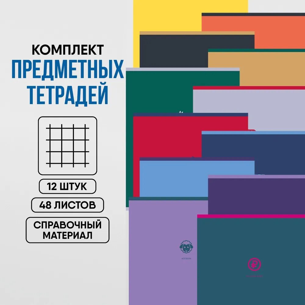 Тетради предметные школьные в клетку и линию со справочным материалом 48 листов BG "Monocolor. Element" Комплект/набор из 12 шт /А5, для школы