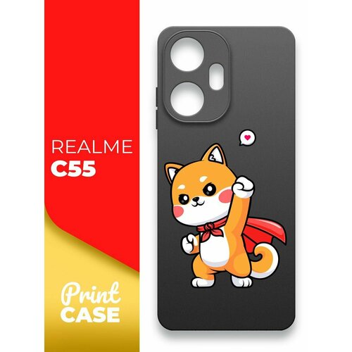 Чехол на Realme C55 (Реалми С55) черный матовый силиконовый с защитой (бортиком) вокруг камер, Miuko (принт) Котик Супермэн чехол на realme c35 реалми с35 силиконовый черный матовый с защитой бортиком вокруг камер miuko