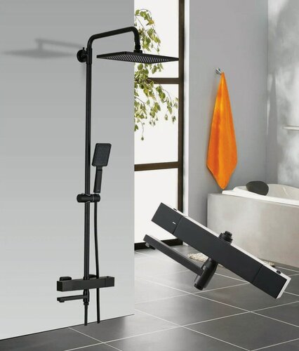 Изображение товара Душевая стойка FRAP F24007-6 черный, термостат, нос 13,5см, прямоугольная -30*20