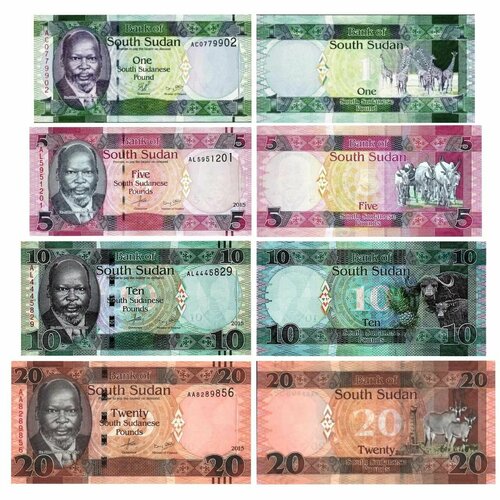 Южный Судан набор банкнот 1-5-10-20 фунтов 2011-2015 год UNC южный судан 10 фунтов 2011 unc pick 7