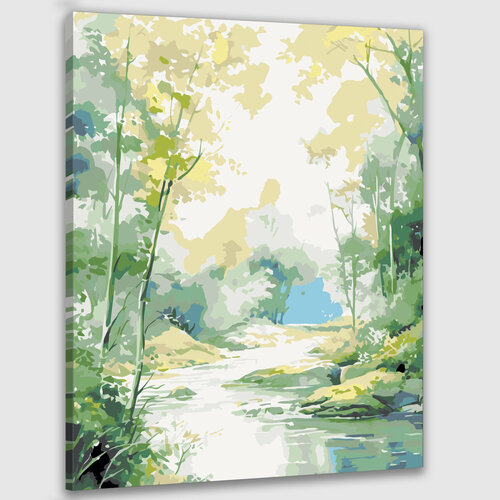 картина по номерам природа пейзаж с лесным ручьем и горами Картина по номерам 50х40 Пейзаж с лесом и ручьем