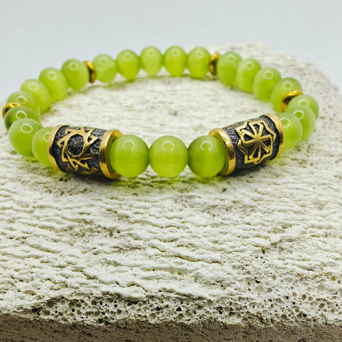 Славянский оберег, Браслет-цепочка, гематит, кошачий глаз, 1 шт., размер 18 см, размер one size, диаметр 6 см, золотистый, зеленый