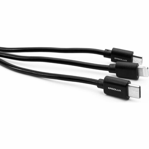 Кабель 3в1 MicroUSB-Lightning-Type C Ergolux Elx-cdc05-c02, цвет черный, 3А, 1.2 м, 1 шт кабель 4в1 usb typec lightning ergolux elx cdc07 c02 цвет черный 5а 1 2 м 1 шт