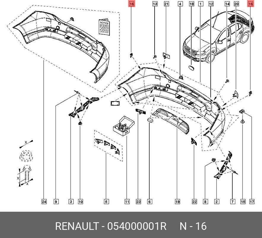 054000001R, Клипса пластмассовая RENAULT: LOGAN, MEGANE для крепления бампера, решётки радиатора \ DACIA: LOGAN